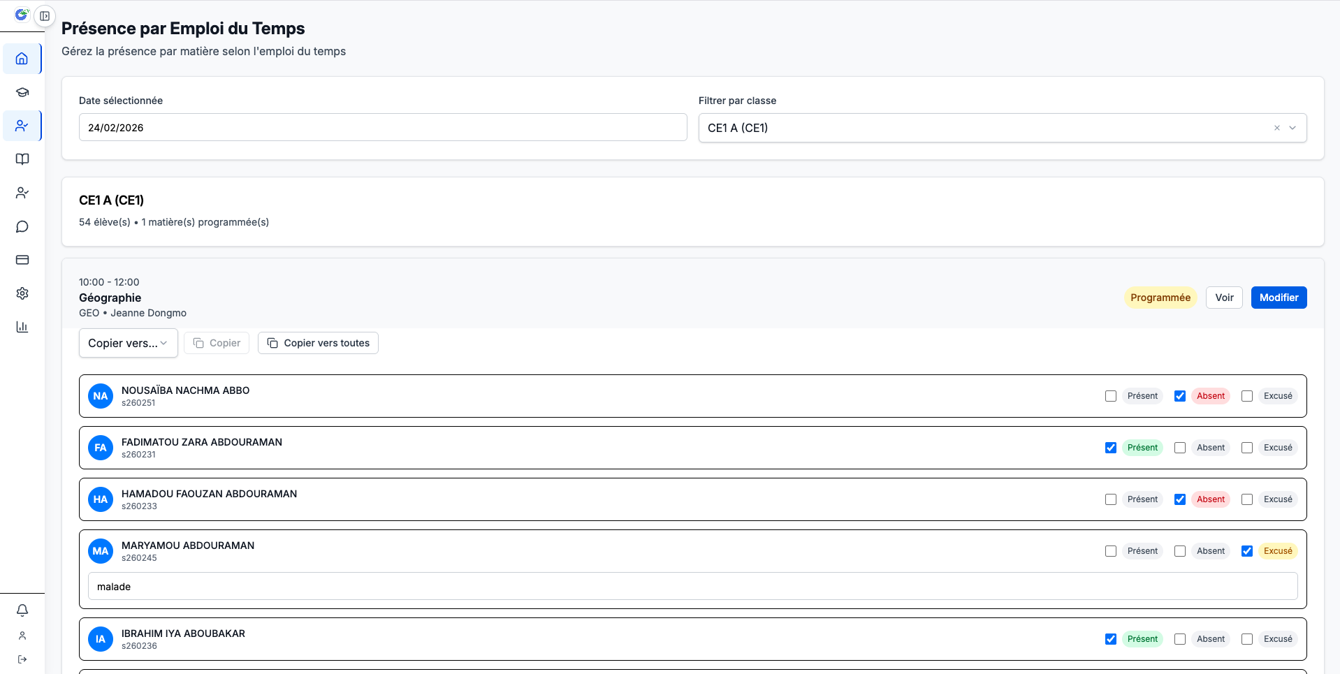 Suivi des présences et absences des élèves dans EcoTech