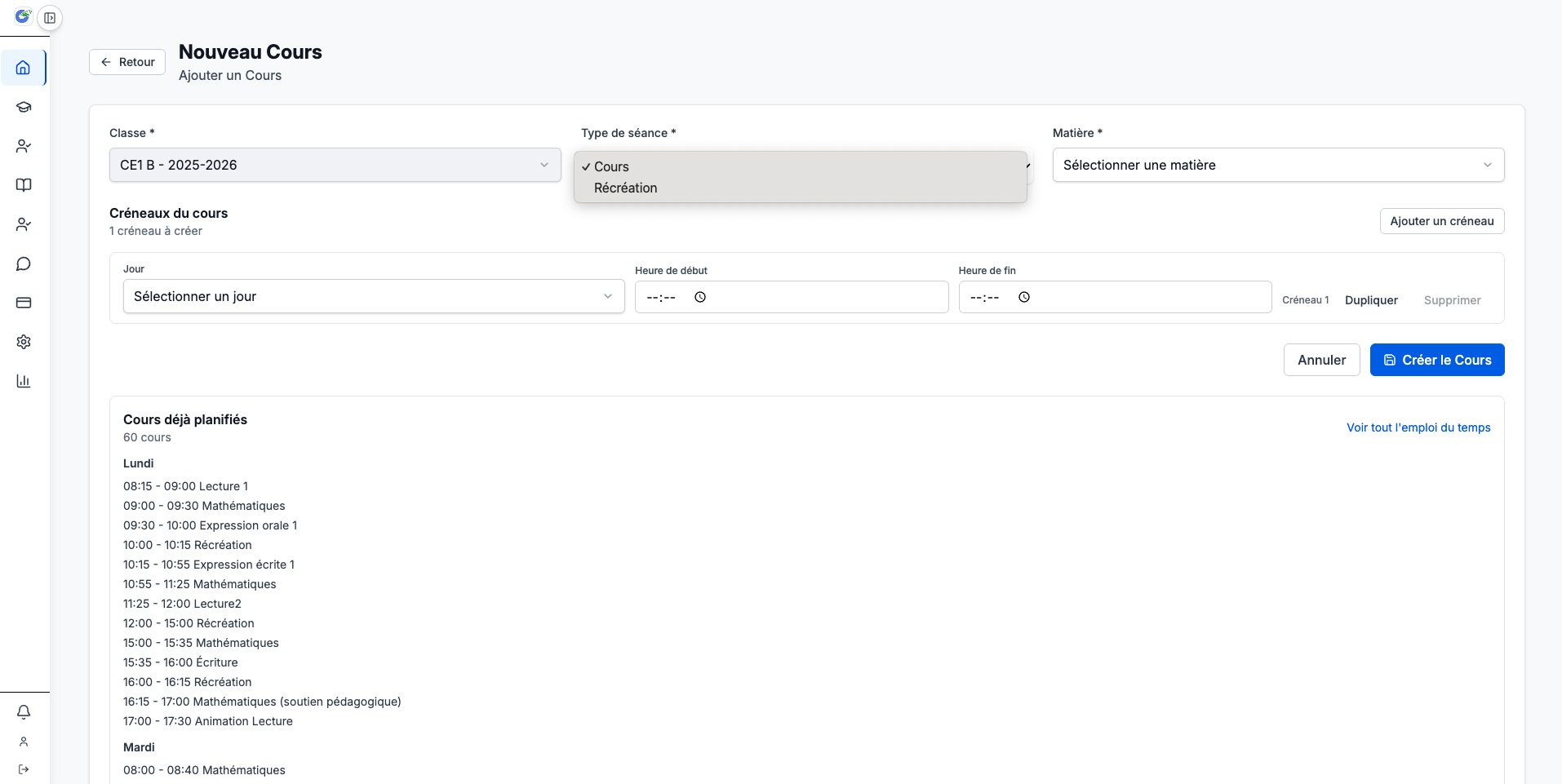 Création d un créneau de cours dans l emploi du temps EcoTech
