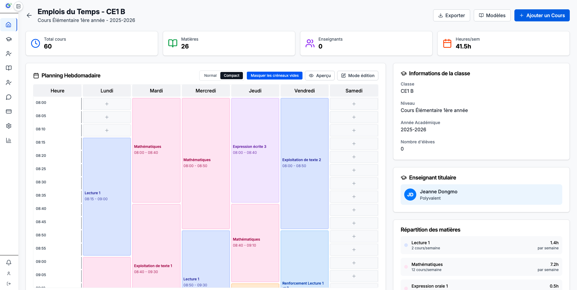 Tableau de bord emploi du temps scolaire dans EcoTech