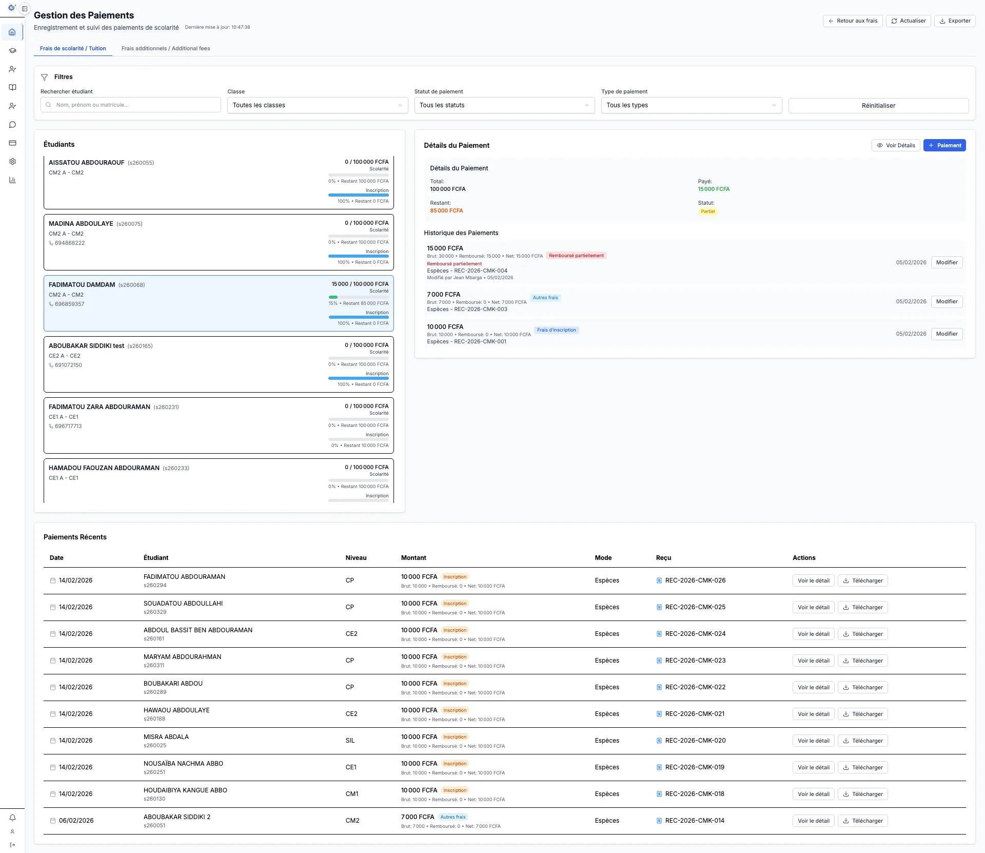 Page de gestion des paiements et liste des transactions
