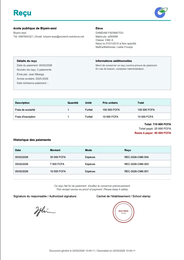 Reçu de paiement et traçabilité comptable