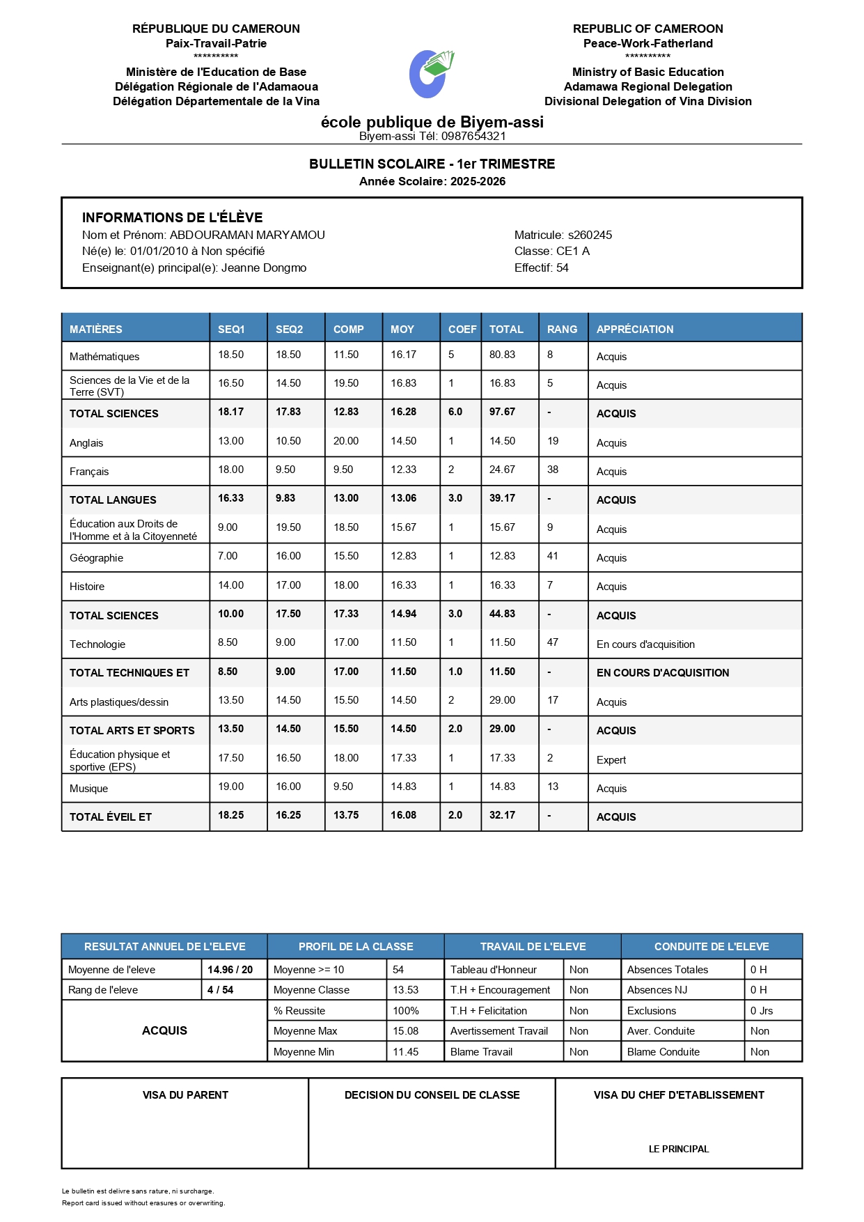 Cameroon report card example