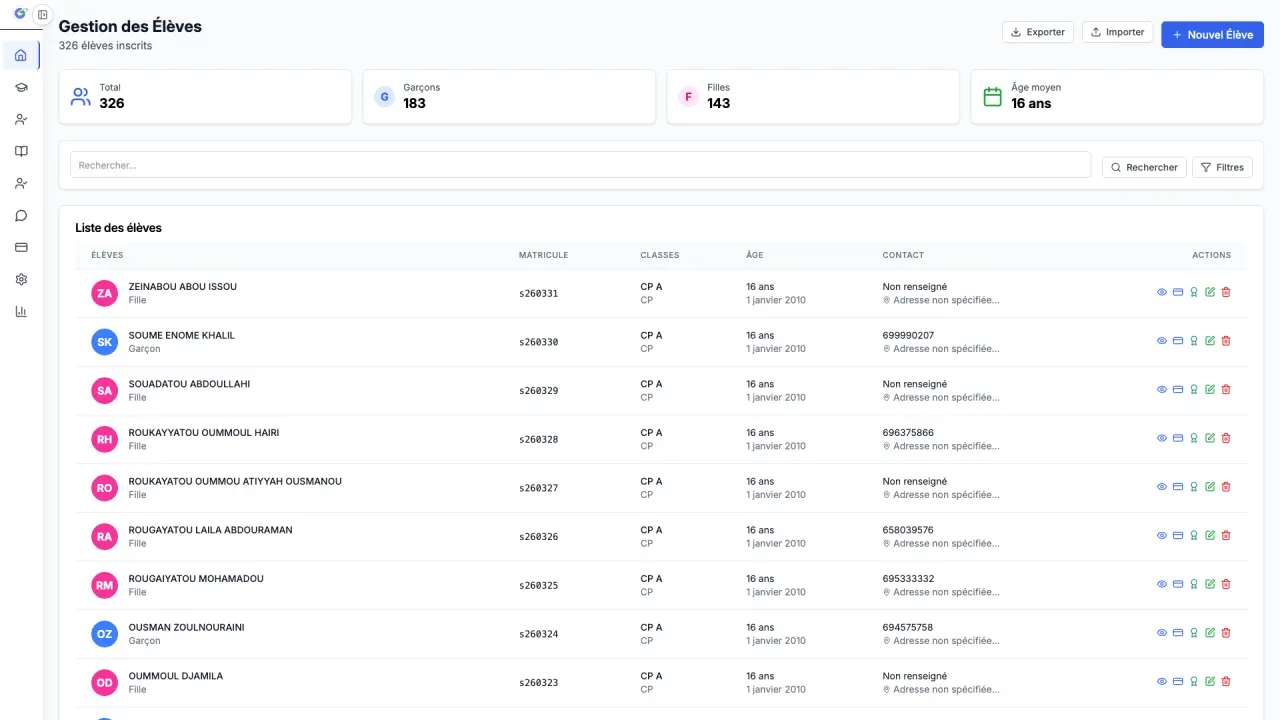 Écran de gestion des inscriptions élèves dans EcoTech